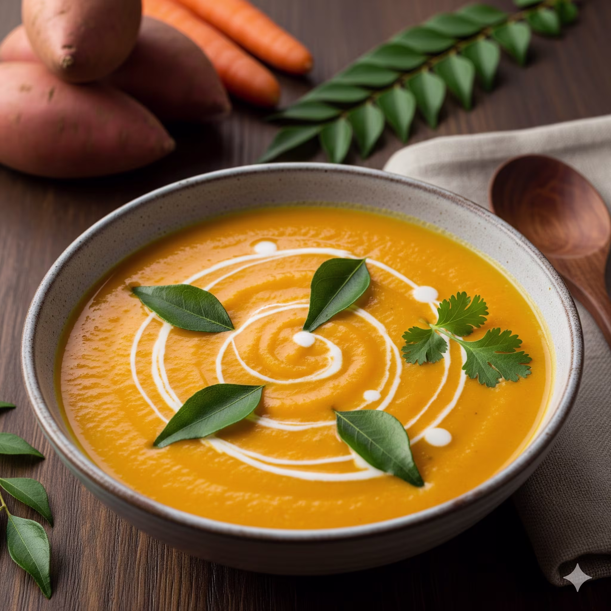 Sweet Potato & Carrot Soup with Curry Leaves